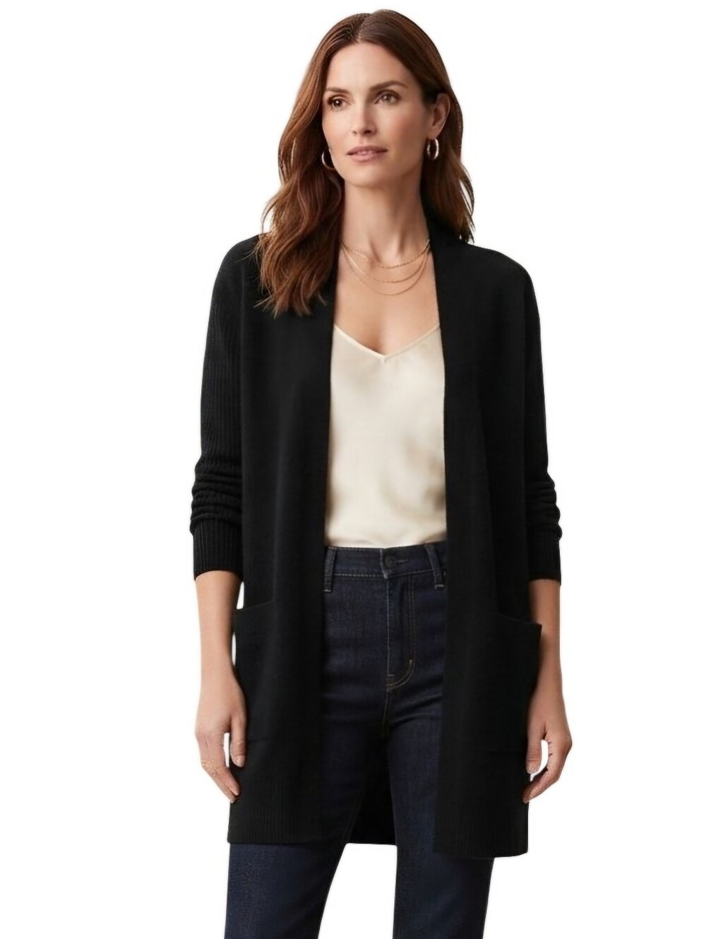 Theory Ribbed Sleeve Cardigan Sweater 100% Cashmere Black Open Front Size S